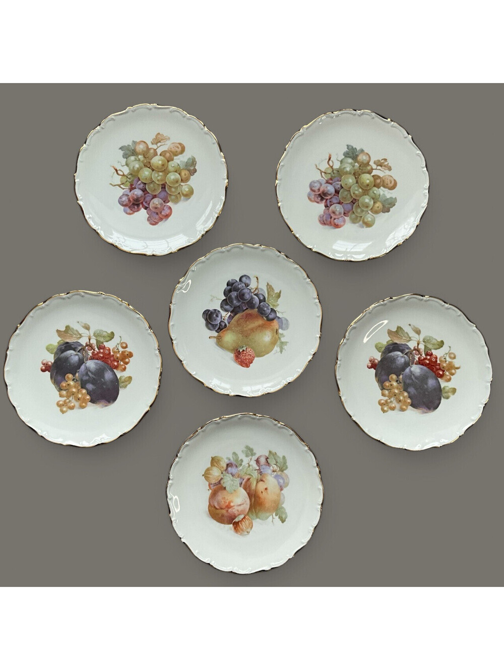 Vtg Schumann Arzberg Bavarian Dessert Plates Gold Rimmed Fruit 7 1/2" Lot of 6